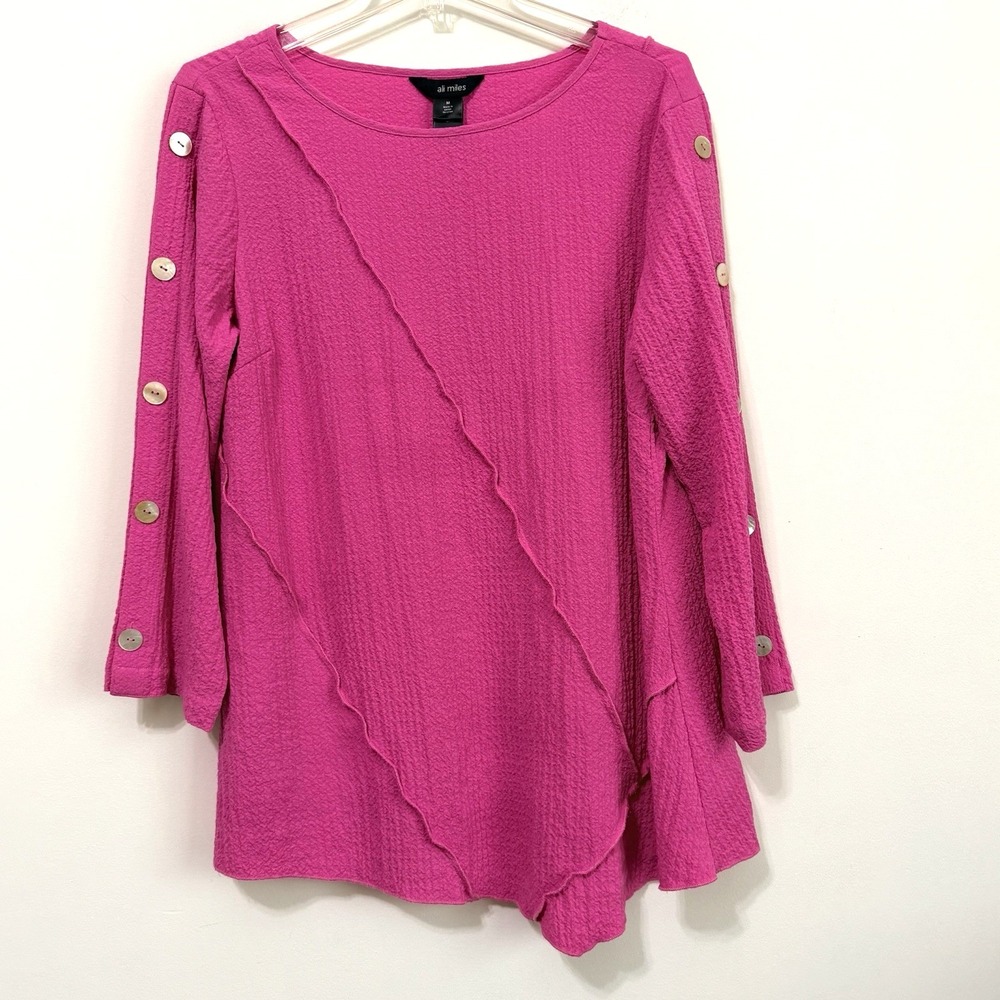 Ali Miles Textured Tunic Top M Pink Button Detail Artsy Spring Summer‎ Popover